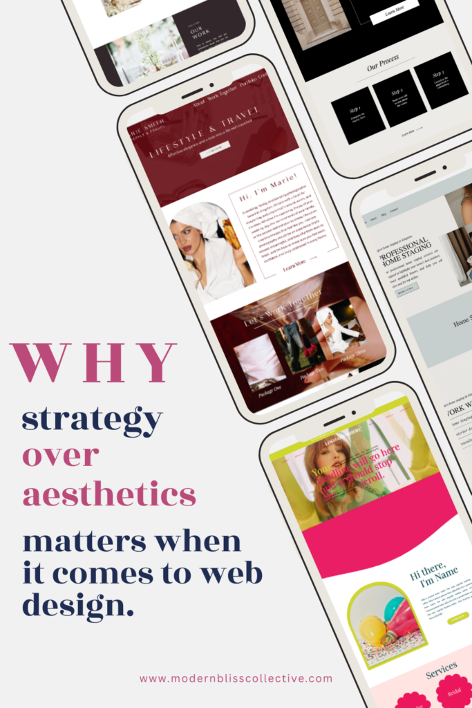 A photo with shots of websites on the face of an Iphone with the title why strategy over aesthetics.