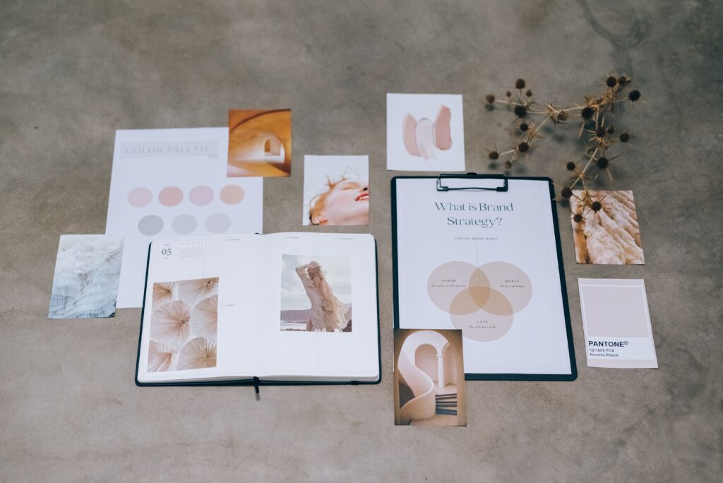 Pictures laid out on a table to take a look at a brands redesign.